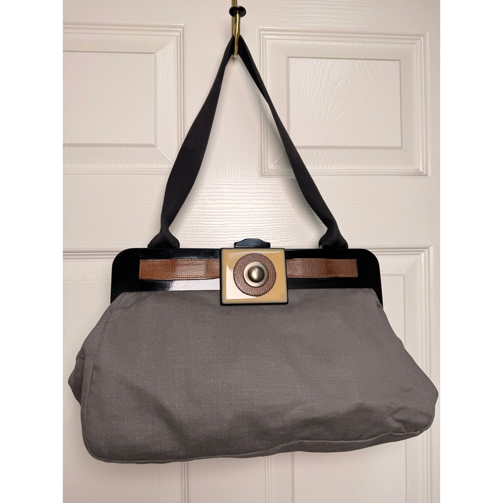 Y2K Marni Grey Canvas Bag Acrylic Frame Leather Trim Geometric Buckle Doctor Bag